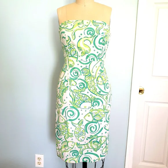 Lilly Pulitzer | Dresses | Lilly Pulitzer Green White Tide Pool Fish Print Strapless  Dress | Poshmark